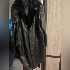 Black Ostrich, print leather man coat size xL with faux fur new never worn